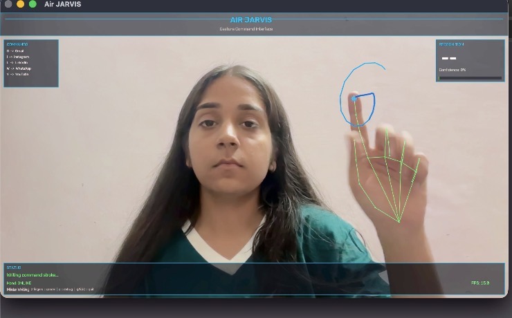 Screenshot of Air JARVIS in action, showing a user drawing a letter in the air while hand tracking, HUD overlay, and command panels are visible